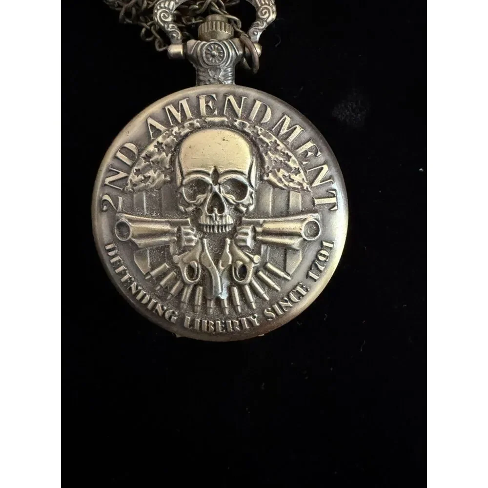 vtg. pocket watch with chain 2nd amendment skull quartz watch